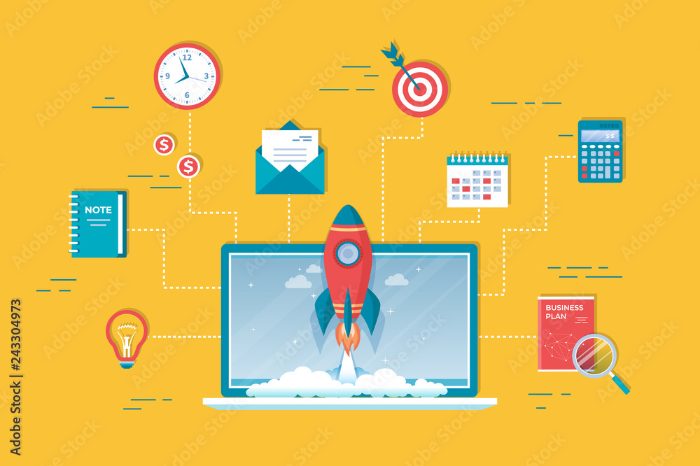 Business project startup, financial planning, idea development process, strategy, management, realization, success. Rocket launch from laptop screen.Business plan, hourglass, target, calculator Vector Business project startup, financial planning, idea development process, strategy, management, realization, success. Rocket launch from laptop screen.Business plan, hourglass, target, calculator Vector