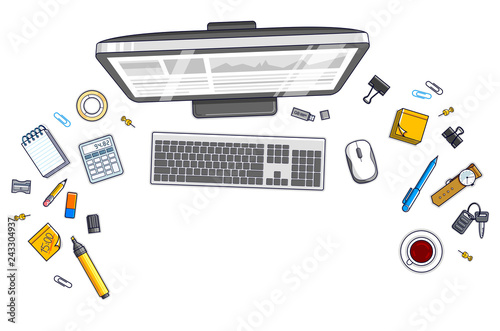 Work desk workspace top view with PC computer and a lot of different stationery objects on table isolated, look above. All elements are easy to use separately or recompose the illustration. Vector. photo