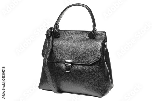 black leather leather women bag, on a white background, isolate