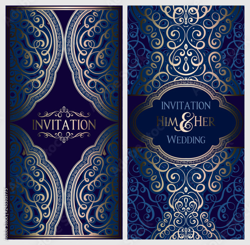 Wedding invitation card with gold shiny eastern and baroque rich foliage. Ornate islamic background for your design. Islam, Arabic, Indian, Dubai.