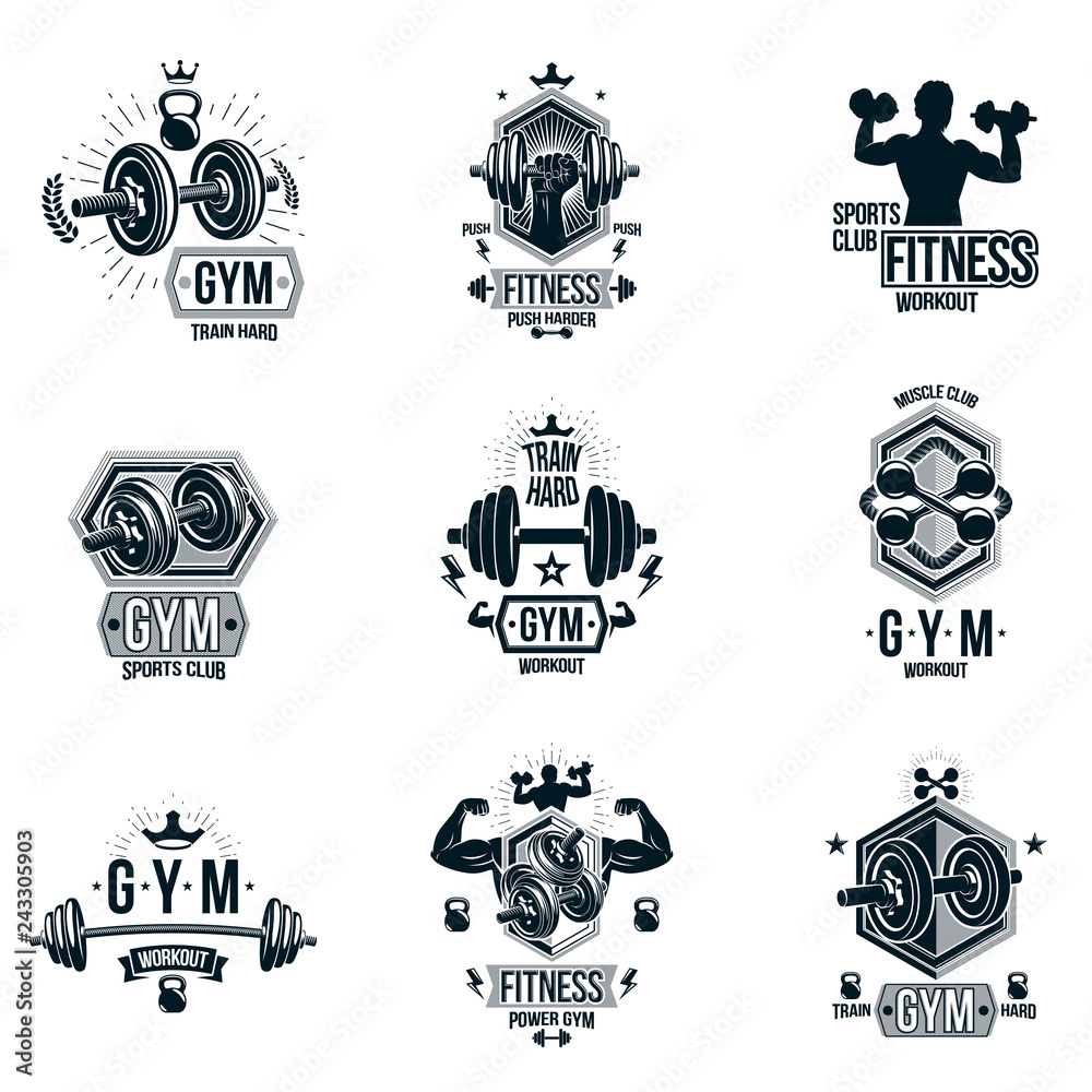 Vector weightlifting theme logotypes and inspirational leaflets collection made using dumbbells, barbells, disc weights sport equipment and strong man perfect body.