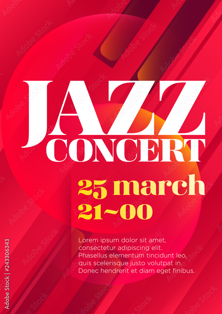 Obraz premium Vertical red music jazz background with piano keys, graphic elements and text. 