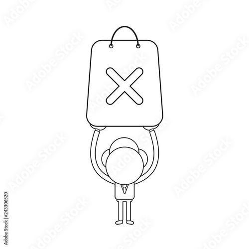 Vector illustration of businessman character holding up shopping bag with x mark. Black outline.