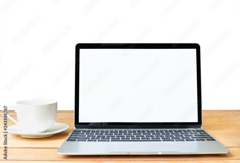 Front view of laptop mockup and coffee cup on white Front view of laptop mockup and coffee cup on white