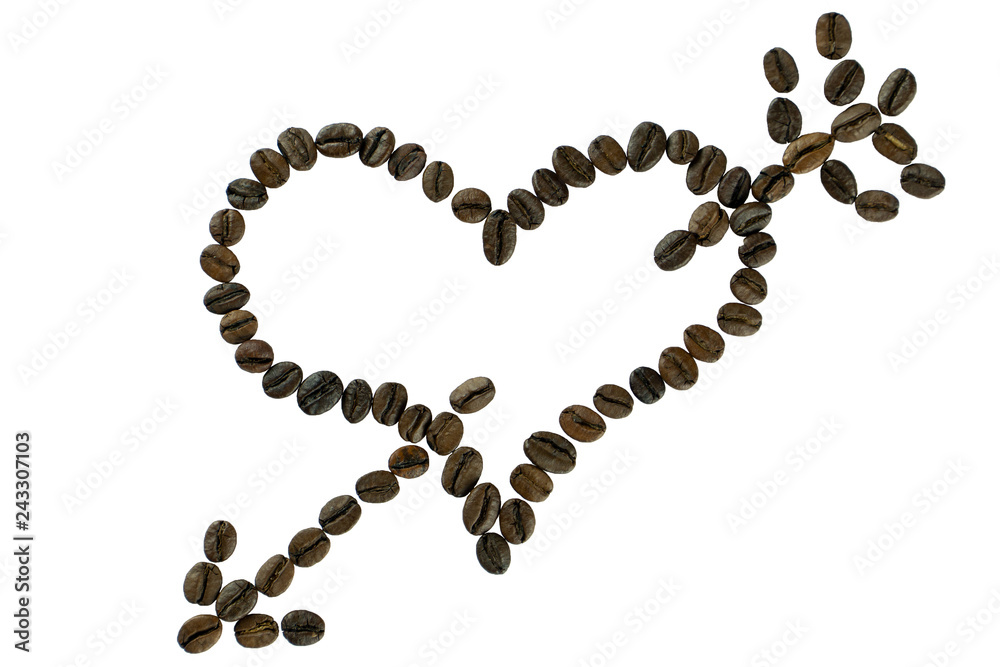Coffee bean heart pierced by an arrow isolated Coffee bean heart pierced by an arrow isolated