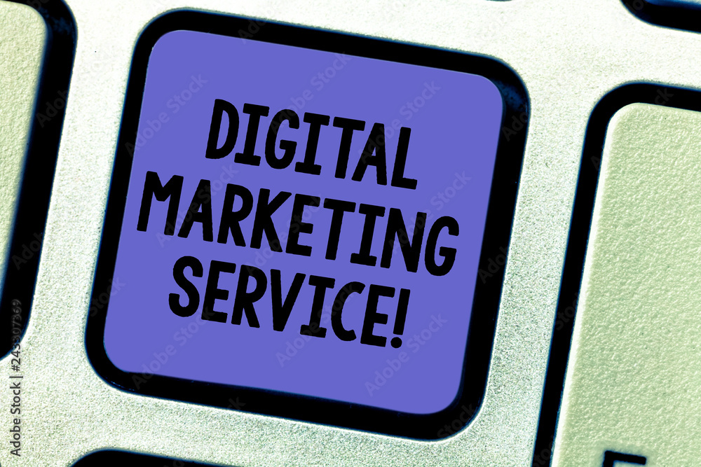 Fototapeta premium Text sign showing Digital Marketing Service. Conceptual photo services using digital channels to reach consumers Keyboard key Intention to create computer message pressing keypad idea