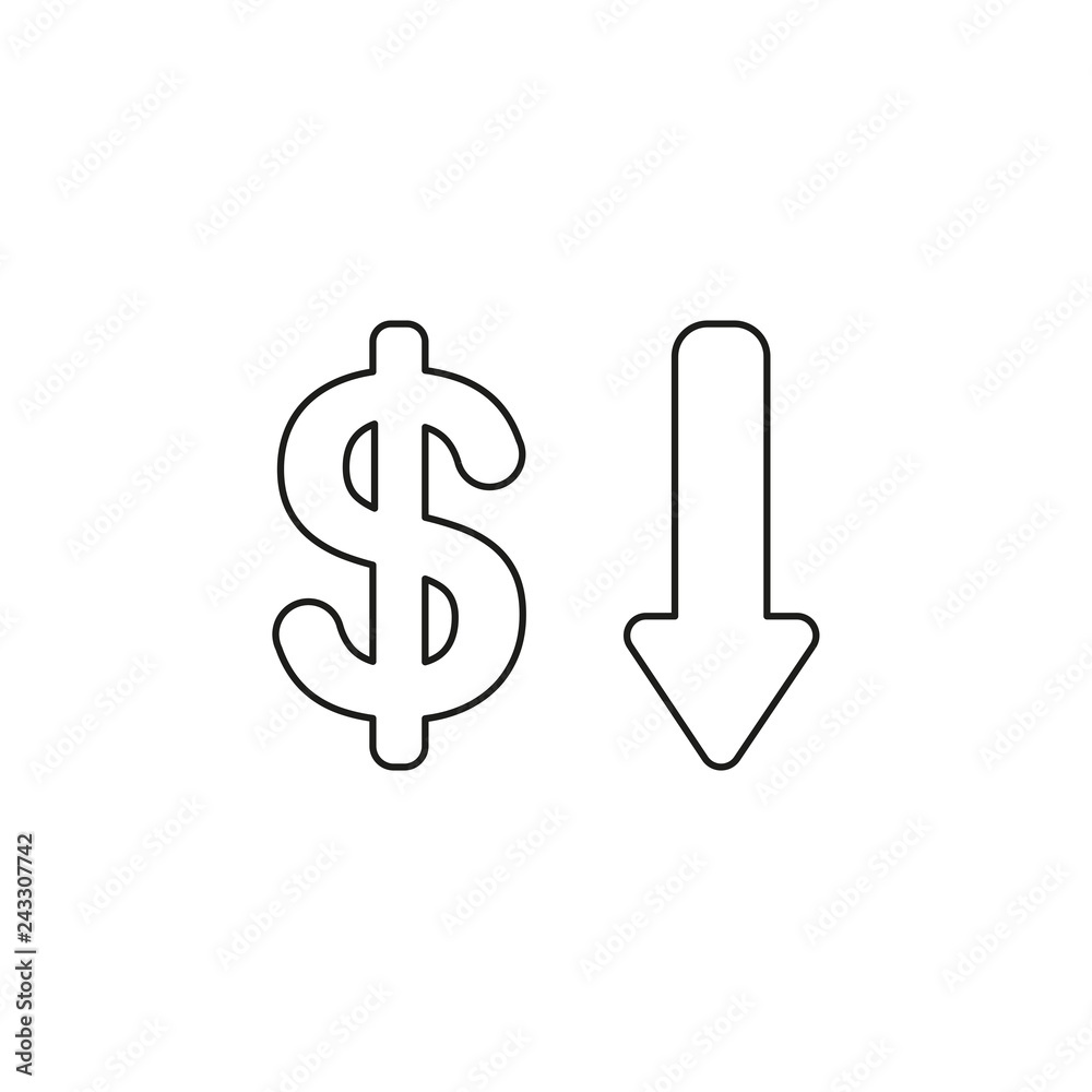 Vector icon concept of dollar with arrow moving down. Black outlines. Vector icon concept of dollar with arrow moving down. Black outlines.