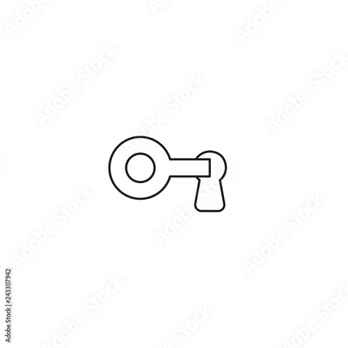 Vector icon concept of key into keyhole, lock or unlock. Black outlines.