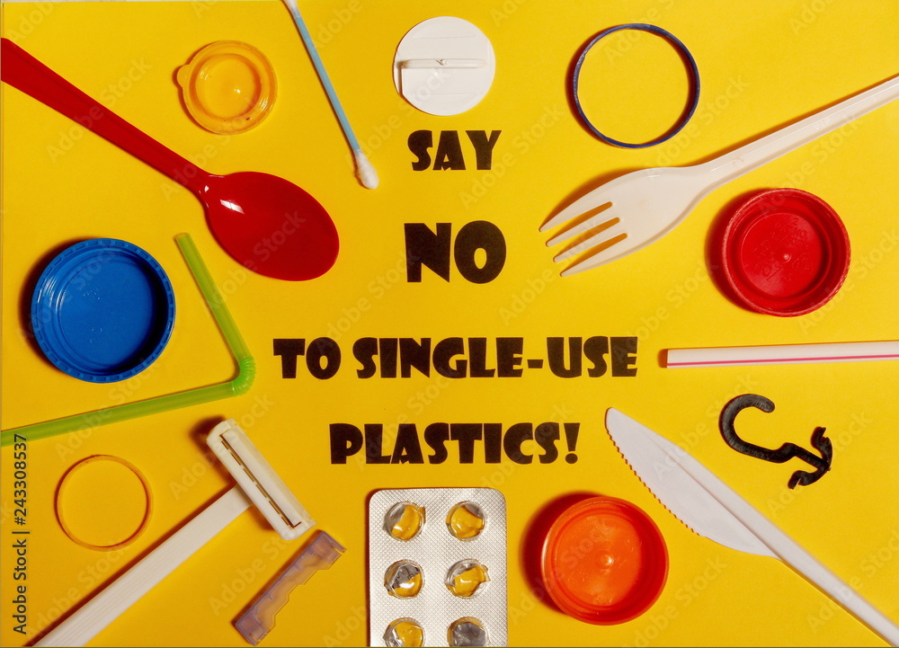 Say no to single use plastics poster with text and plastic disposable