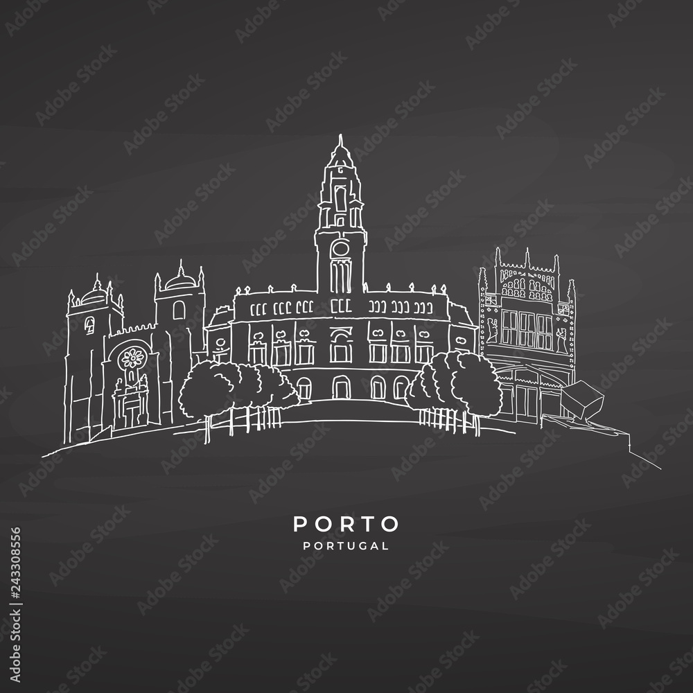 Porto, Portugal famous architecture on blackboard