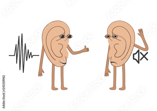 Human ears, one of which has lost hearing. Cartoon