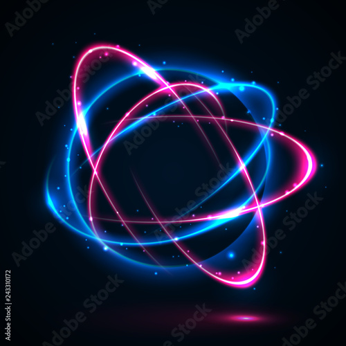 Vector light effect. The object s light stroke. Circular lens flare. Abstract rotational lines. Power energy element. Luminous sci-fi. Shining neon lights cosmic abstract frame. Magic round frame.