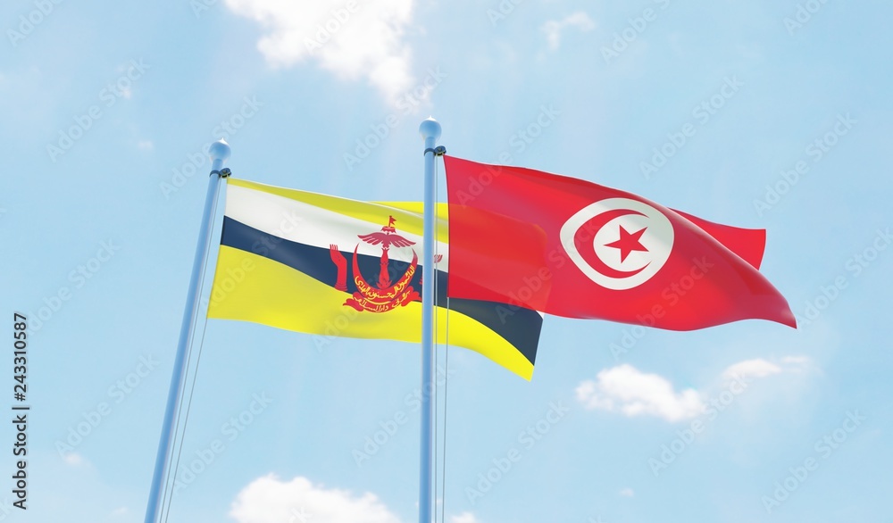 Tunisia and Brunei, two flags waving against blue sky. 3d image Tunisia and Brunei, two flags waving against blue sky. 3d image