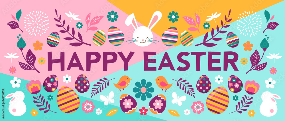 Fototapeta premium Happy Easter, vector banner with flowers, eggs and bunnies