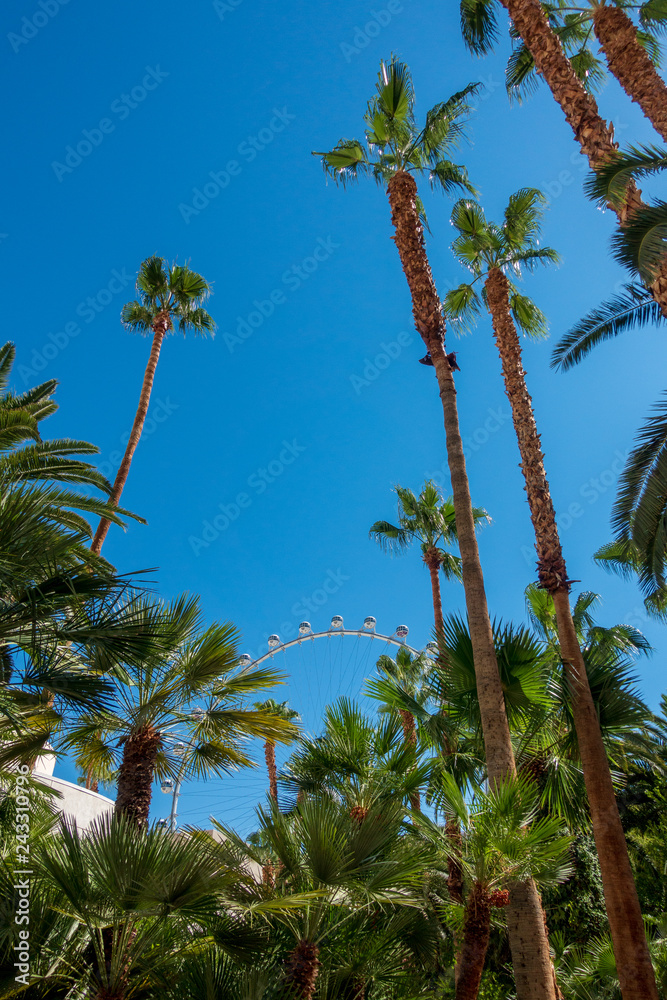 Bottom view to palms and hotel building against blue sky.