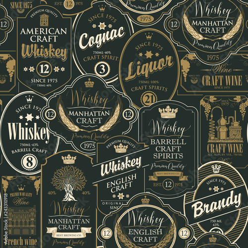 Vector seamless pattern with a collage of labels for various alcoholic beverages in black and gold colors in retro style with inscriptions whiskey, liquor, cognac, wine, brandy.