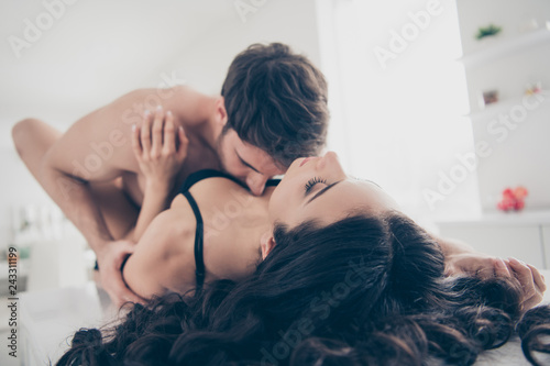 Tableau sur toile Close up photo of two people pair she her lady lying table he hi
