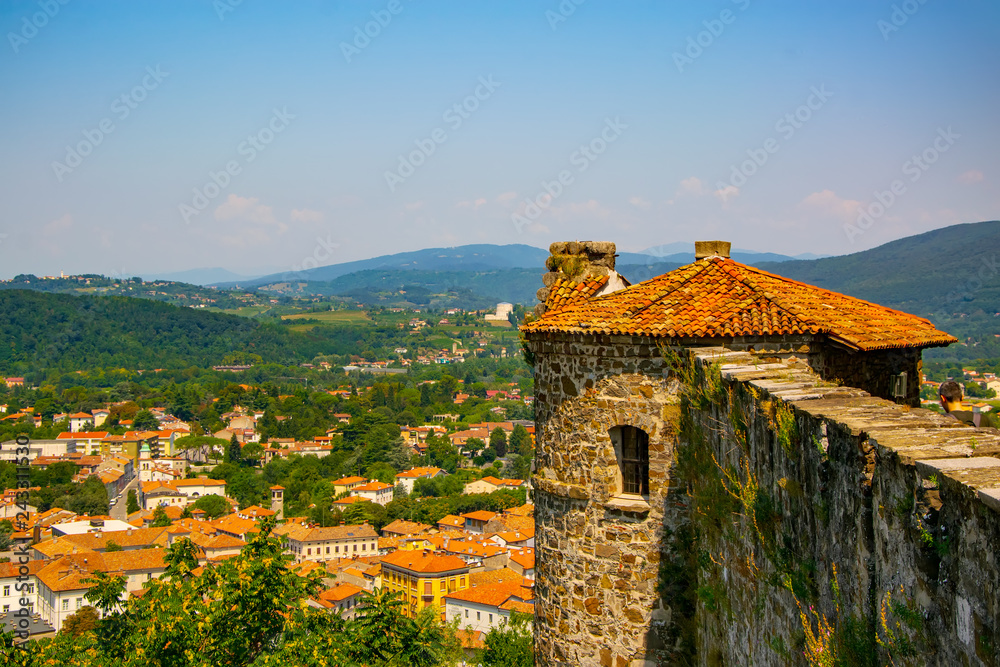 Scenic view of tower of medieval castle and Gorizia city centre, Friuli Venezia Giulia, Italy