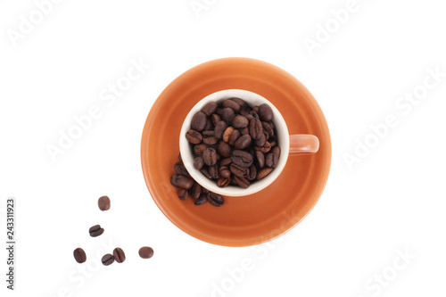 cup and coffee beans isolated over white background