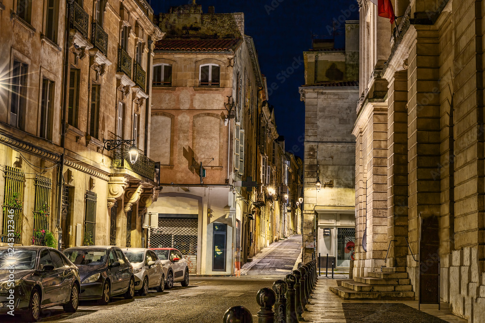 .Night view in the historical center of Arles. Provence France.
