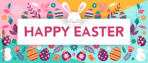 Happy Easter, vector banner with flowers, eggs and bunnies