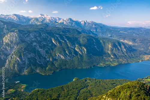 Breathtaking view of the famous Bohinj lake from Vogel mountain. Triglav national park, Julian Alps, Slovenia