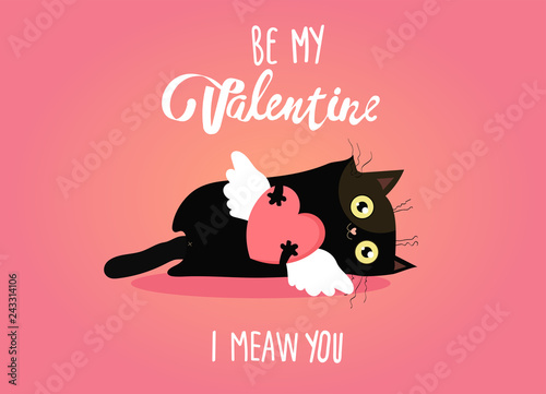 Valentine's day illustration with cat, i meaw you and heart, big sale, love Invitation card, abstract background with text love, 14th of February.