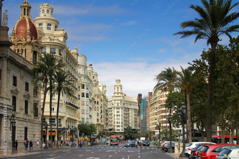 Naklejka premium Town Hall Square, valencia, spain, architecture, building, house, street, landmark, view, panoramic,