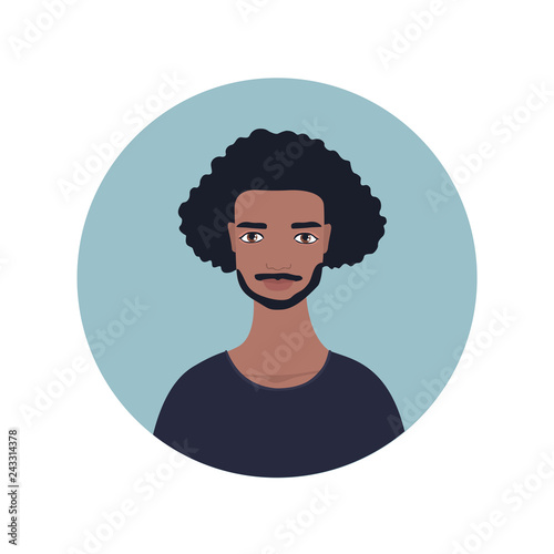 Young handsome exotic looking man icon Perfect front face view Mixed race South East Asian Islander African Arabic Avatar profile picture for social media app Black long curly wavy hair tanned skin.