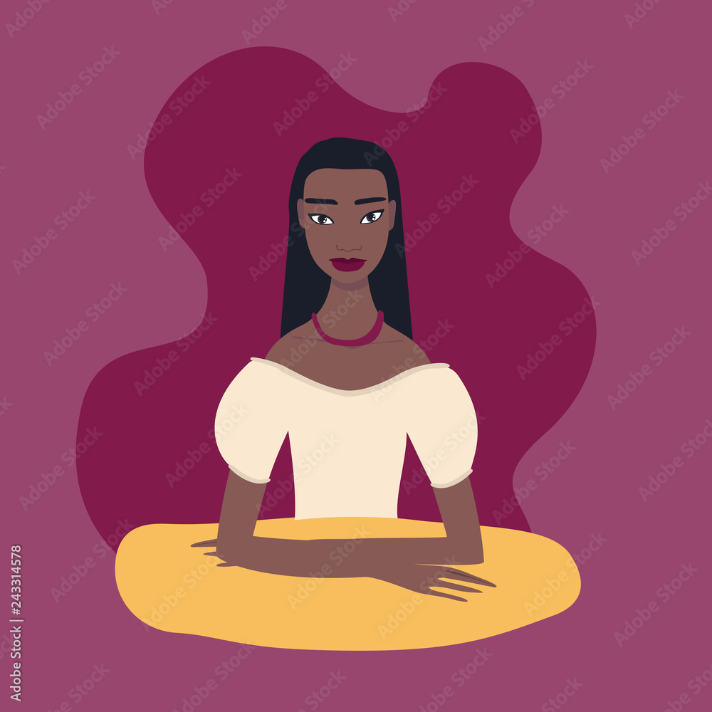 Pretty young exotic ethnicity mixed race woman sitting at table wearing  beautiful beige dress necklace Lovely girl portrait Straight long black  hair nice make-up Hand drawn Cartoon character. Stock Vector | Adobe