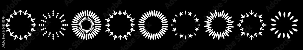 Abstract line arrow dotted star round frame set. Round wheat wreaths shape. Flat design. Decoration element. Isolated. Black background. Abstract line arrow dotted star round frame set. Round wheat wreaths shape. Flat design. Decoration element. Isolated. Black background.