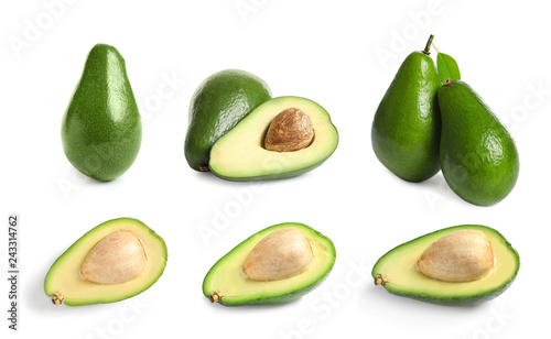 Set with avocados on white background. Natural protein food