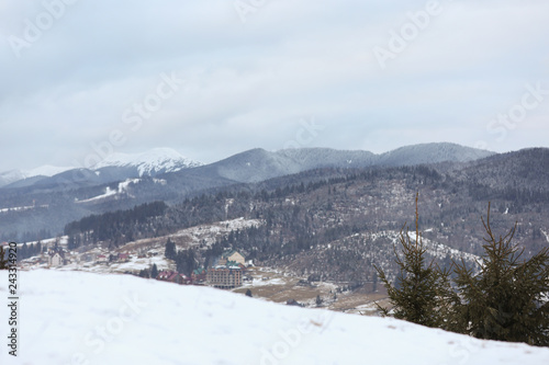 Winter landscape with mountain village near conifer forest © New Africa