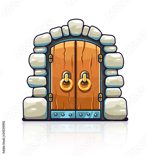Fairy-tale door with golden handles. Entrance to stone dungeon
