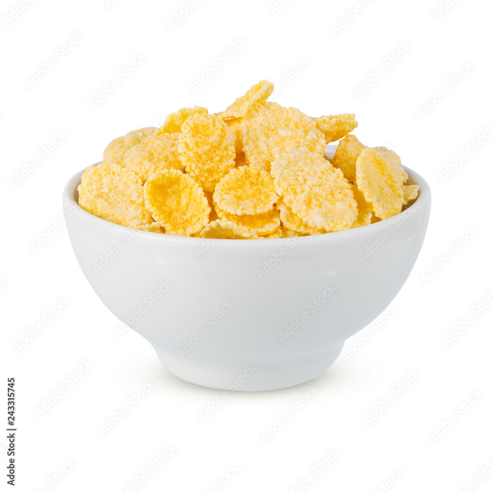 Corn flakes in a bowl isolated on white background Corn flakes in a bowl isolated on white background