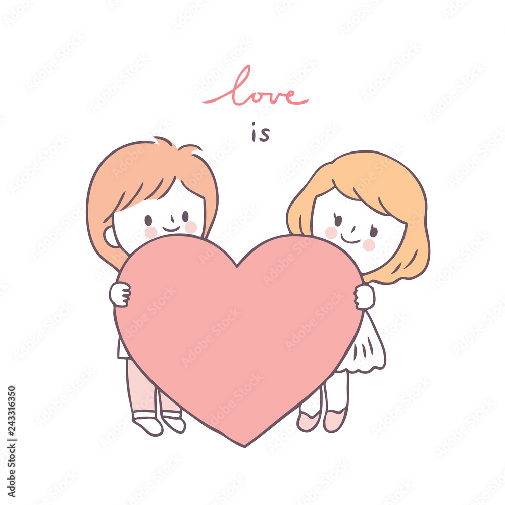 Cartoon cute Valentines day couple and heart vector. Cartoon cute Valentines day couple and heart vector.