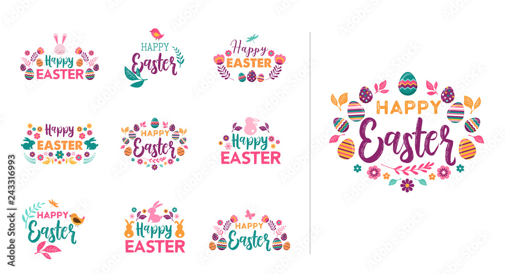 Fototapeta premium Happy Easter, vector symbols, logo, badges and lettering design