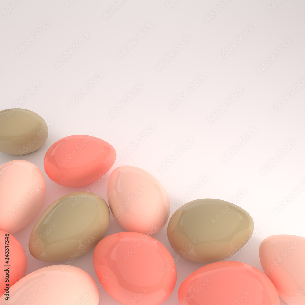 Pastel pink and green glossy easter eggs on white background. 3d render, digitally generated template. Happy Easter big hunt or sale banner Pastel pink and green glossy easter eggs on white background. 3d render, digitally generated template. Happy Easter big hunt or sale banner