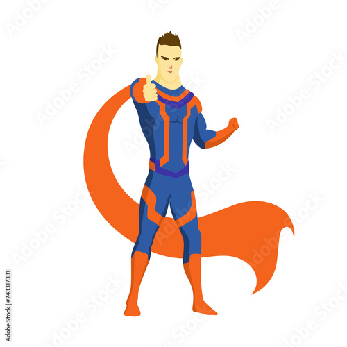 Superhero standing with cape waving in the wind. Showing gesture like. Pop art comic book style superhero vector poster design wall decoration illustration.