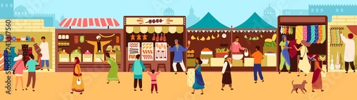 Arab or Asian outdoor street market, souk or bazaar. People walking along stalls, buying fruits, meat, traditional textile, oriental spices, pottery. Flat cartoon colorful vector illustration.
