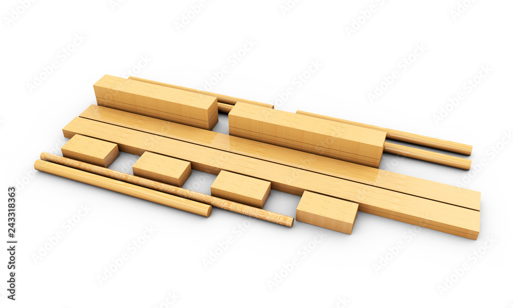 Sliced Lumber from the log. 3d illustration Stack of wooden bars