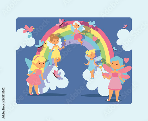 Fairy girl vector magic faery character and fantasy beautiful princess cartoon unicorn of fairy-tale in rainbow fairyland backdrop illustration of girlie faerie pixy with magic wings background