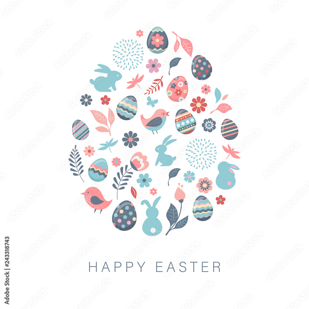 Obraz premium Happy Easter, vector banner with flowers, eggs and bunnies