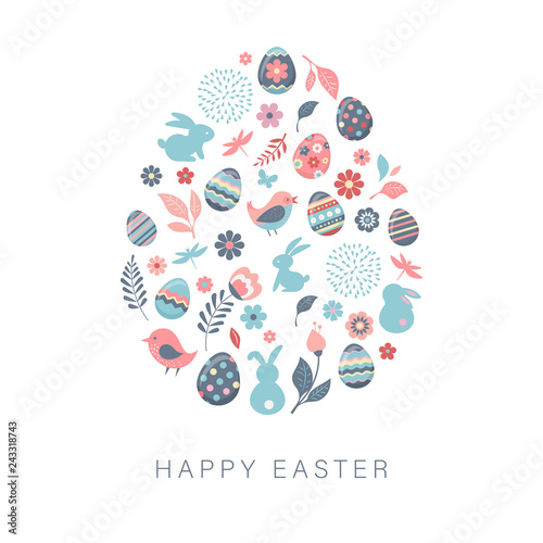 Happy Easter, vector banner with flowers, eggs and bunnies