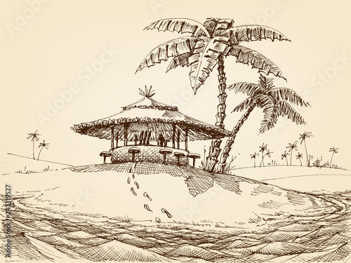 Sea shore landscape. Beach bar and palm trees drawing