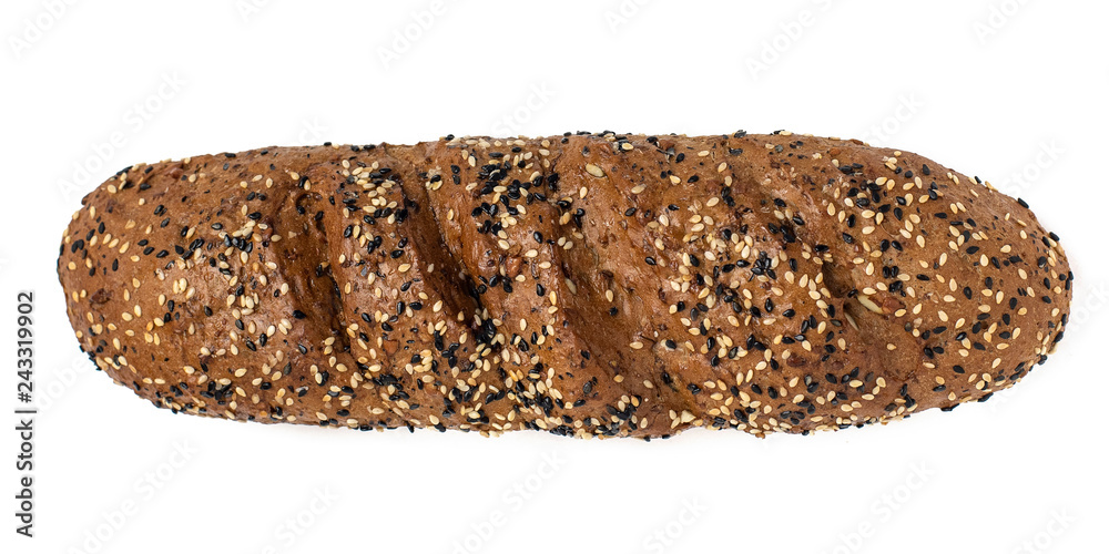 Top view of grain bread with different seeds isolated on white background Top view of grain bread with different seeds isolated on white background
