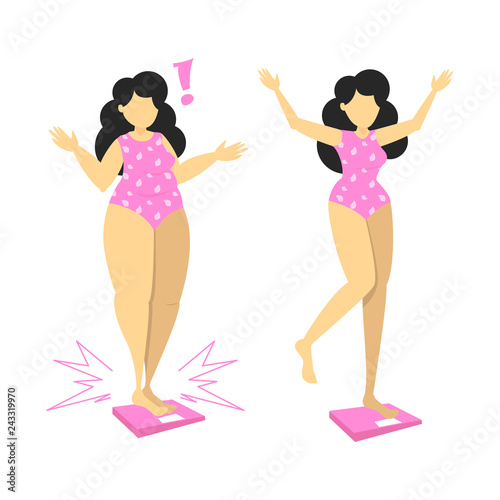 Fat and slim girl standing on scales