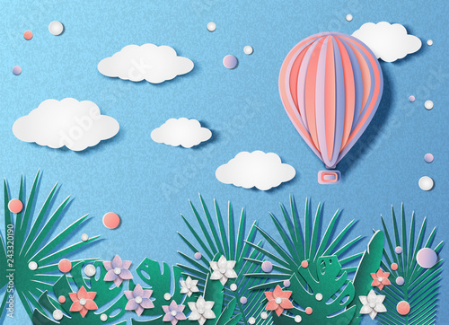 Vector illustration of a balloon flying in the sky over tropical plants and flowers on a spring or summer day. In the style of cut paper