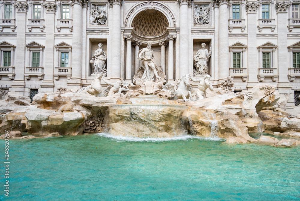 The Trevi fountain with Oceanus, god of the sea, in the center of Rome, Italy