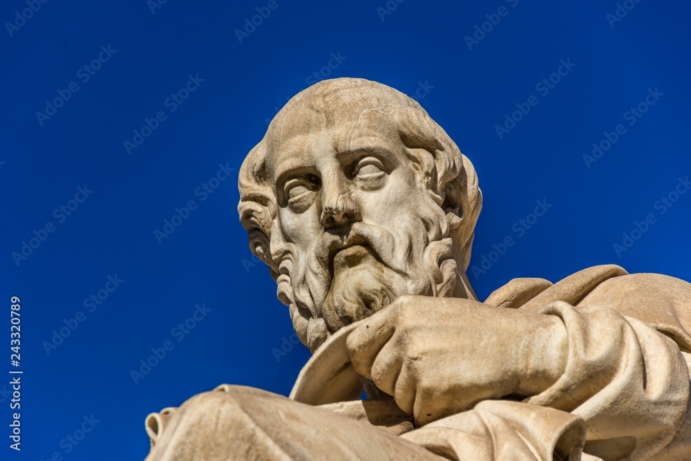 Statue of the Greek philosopher Plato in front of the Academy of Athens, Greece